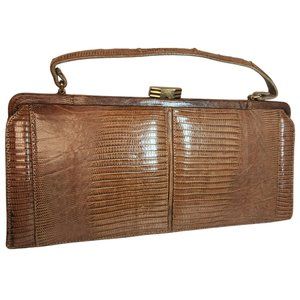 Vintage Palizzio Tegu Lizard Brown Rectangle Frame Closure 1960s Handbag